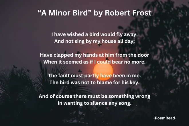 Frost’s "A Minor Bird" explores a shift from irritation to self-awareness as the speaker realizes the bird’s song isn’t the problem; his intolerance is.