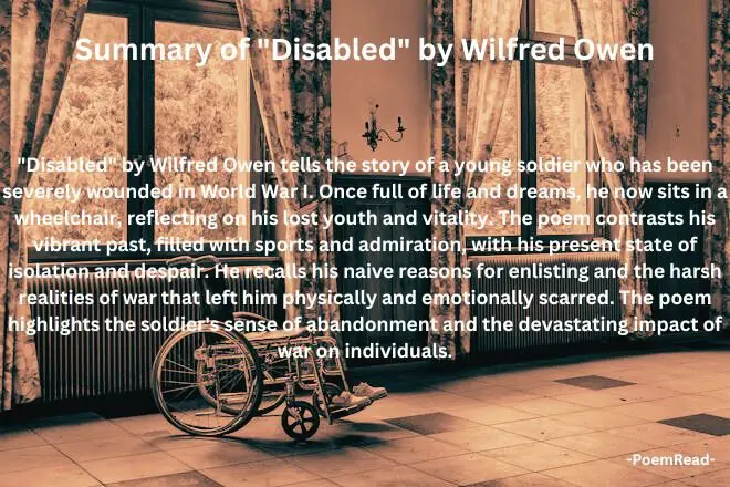 Discover the heartbreaking reality of war in Wilfred Owen's "Disabled." This poem captures a soldier's tragic transformation and his deep sense of isolation.