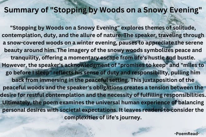 Escape to the serene woods, but duty calls! Dive into Frost's contemplative journey of finding balance between peace and obligations on a snowy evening.