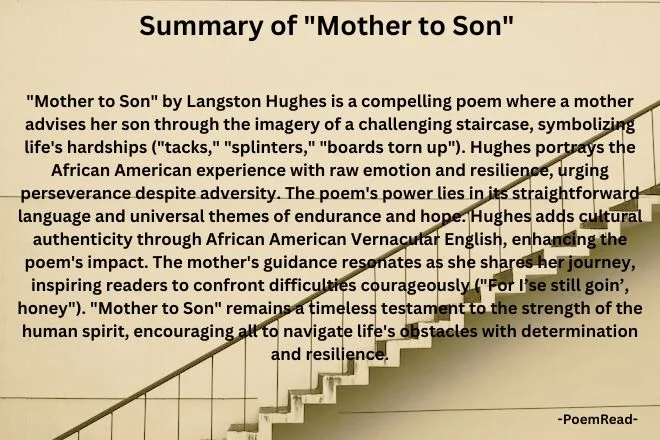 "Mother to Son" by Langston Hughes is a powerful poem about perseverance through life's challenges, told through a mother's heartfelt advice.