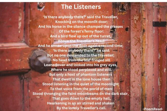 A lone traveler seeks answers at a deserted house, met only by ghostly silence. "The Listeners" explores themes of isolation, the unknown, and the supernatural.