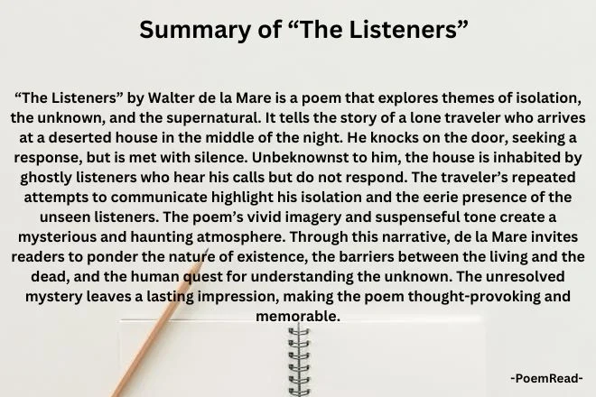 A lone traveler seeks answers at a deserted house, met only by ghostly silence. "The Listeners" explores themes of isolation, the unknown, and the supernatural.