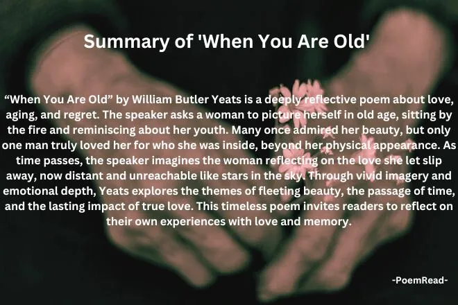 Yeats' "When You Are Old" reflects on love, aging, and regret, exploring fleeting beauty and the lasting impact of true love lost to time.